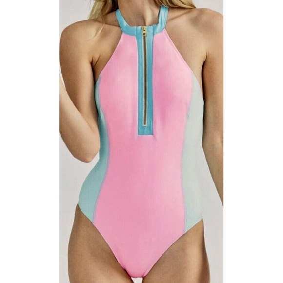 HURLEY Love Shack Fancy High Neck Zip Pink Blue Green 1Pc Swimsuit Womens M NWOT - Picture 1 of 6